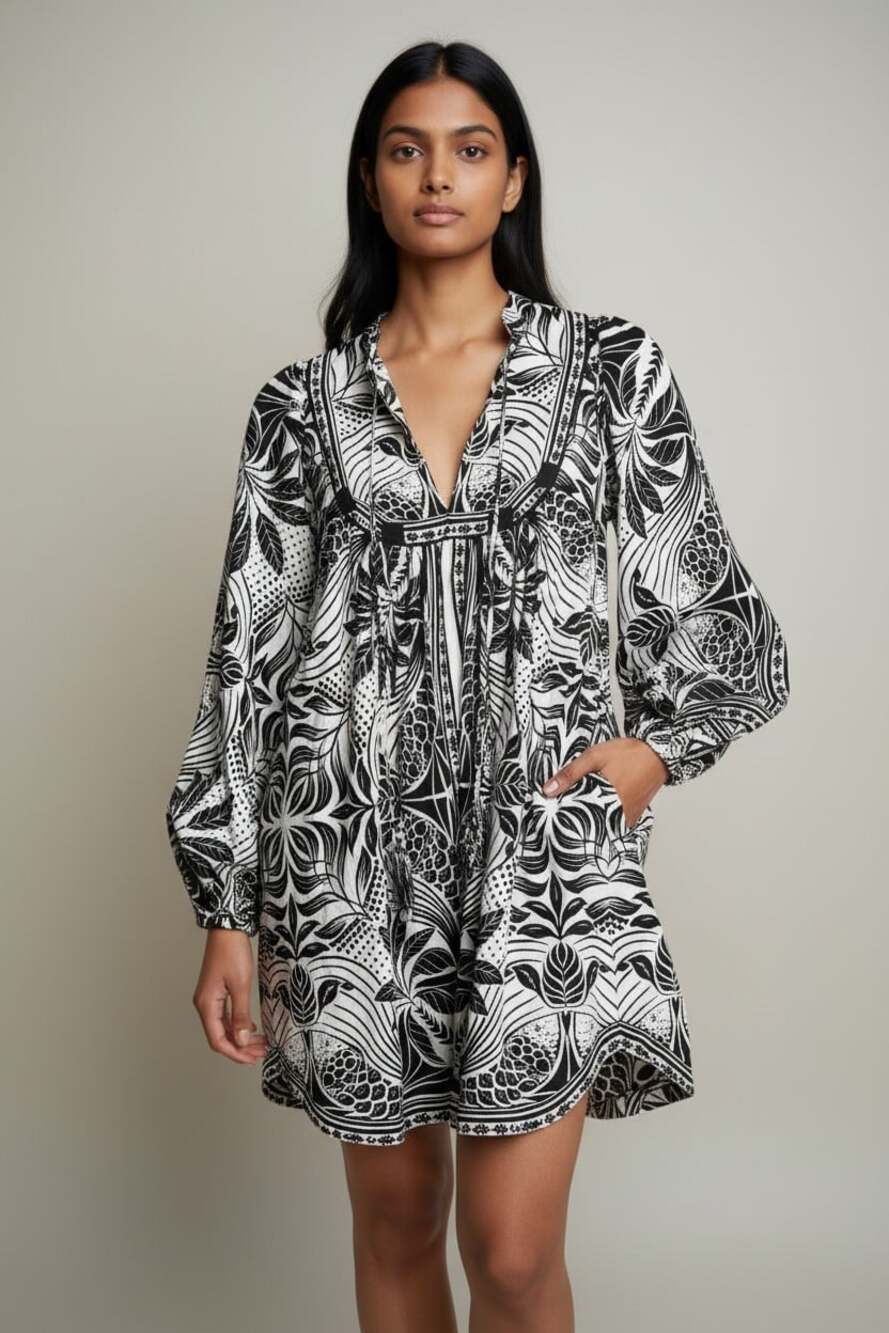 Farm Rio Monochrome Elegance Scarf Print Long Sleeve Linen Blend Dress Sz S NEW